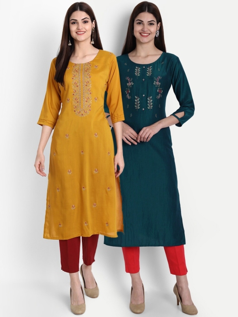 

7Threads Women Pack of 2 Yellow & Green Floral Embroidered Thread Work Kurta