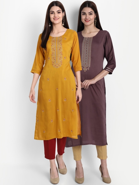 

7Threads Women Set Of 2 Yellow & Brown Ethnic Motifs Yoke Design Kurta