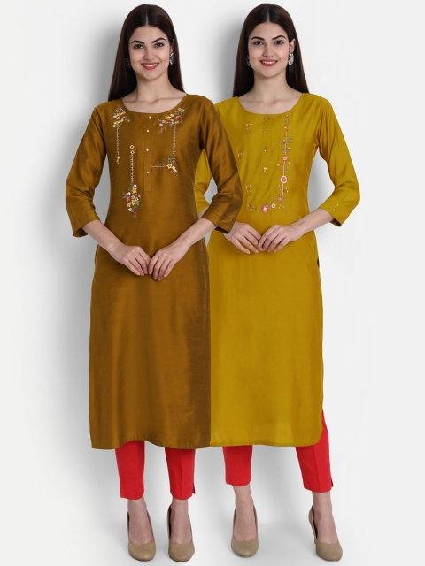 

7Threads Women Brown & Green Floral Embroidered Kurta