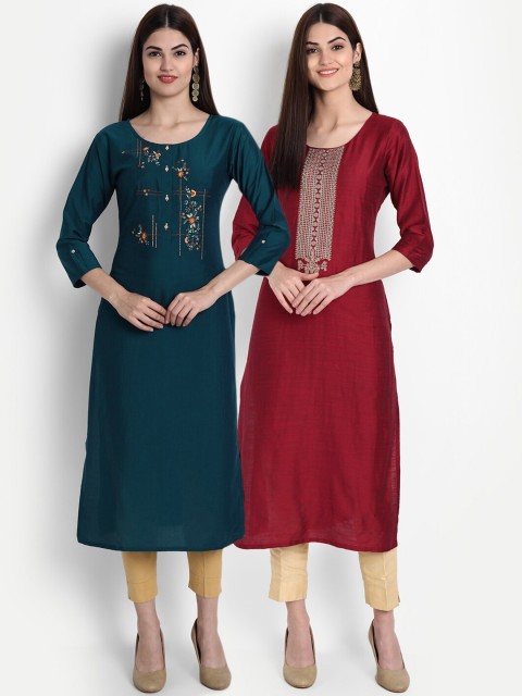 

7Threads Women Pack of 2 Teal Blue & Maroon Embroidered Kurtas