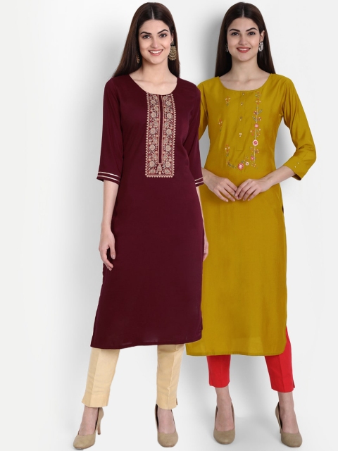 

7Threads Women Pack of 2 Ethnic Motifs Embroidered Straight Kurta, Maroon