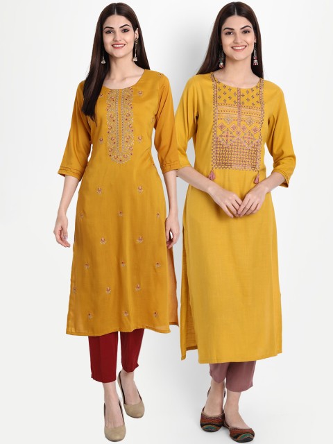 

7Threads Women Pack of 2 Yellow Ethnic Motifs Embroidered Thread Work Kurta