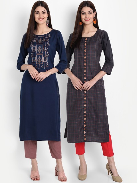 

7Threads Women Pack of 2 Straight Kurtas, Navy blue