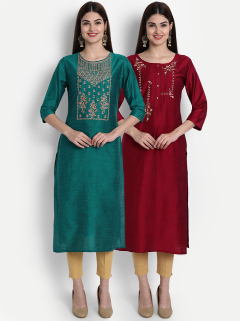 

7Threads Women Pack Of 2 Green & Magenta Ethnic Motifs Yoke Design Kurta