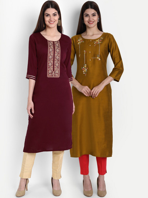 

7Threads Women Set Of 2 Maroon & Olive Green Floral Yoke Design Kurta