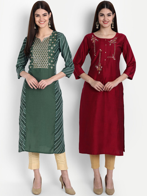 

7Threads Women Green & Maroon Pack Of 2 Yoke Design Kurta