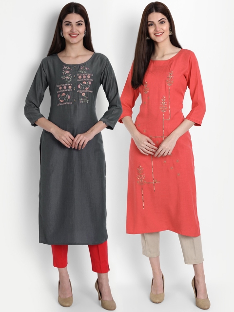

7Threads Women Set Of 2 Multicoloured Embroidered Thread Work Kurta, Grey