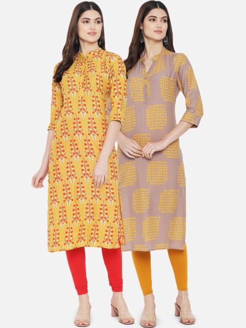 

7Threads Women Pack of 2 Yellow & Grey Paisley Printed Floral Kurtas