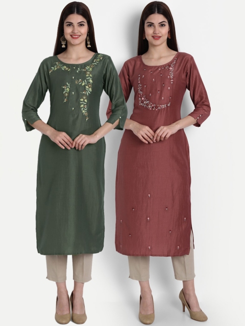 

7Threads Women Olive Green & Rust Embroidered Thread Work Kurta Pack Of 2