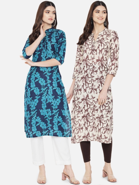 

7Threads Women Pack of 2 Blue & Beige Floral Printed Floral Kurta