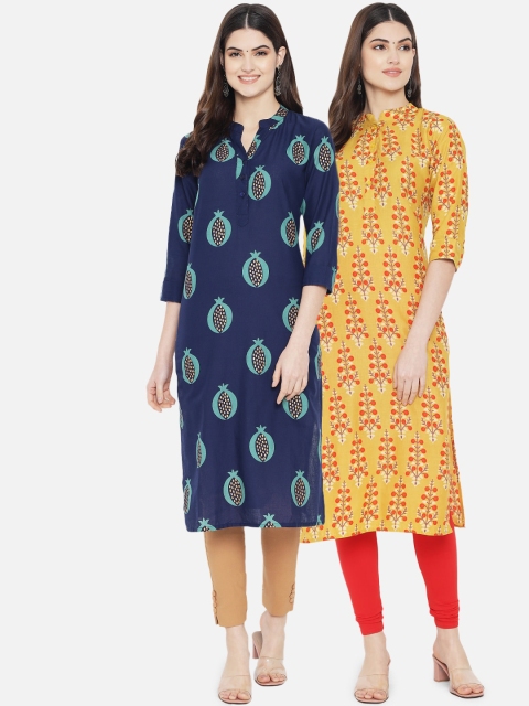 

7Threads Women Pack Of 2 Navy Blue & Yellow Ethnic Motifs Printed Floral Kurta
