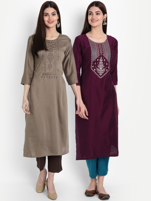 

7Threads Women Multicoloured Set of 2 Ethnic Motifs Embroidered Kurta, Multi