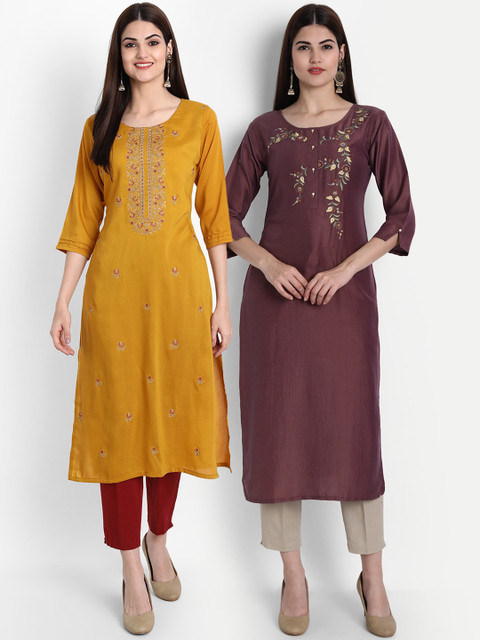 

7Threads Women Mustard Yellow & Brown Set Of 2 Floral Embroidered Thread Work Kurtas