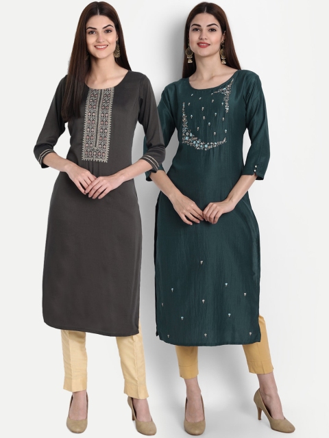 

7Threads Women Pack of 2 Brown & Teal Green Ethnic Motifs Embroidered Kurta