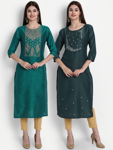 

7Threads Women Teal & Green Ethnic Motifs Yoke Design Thread Work Kurta Pack Of 2