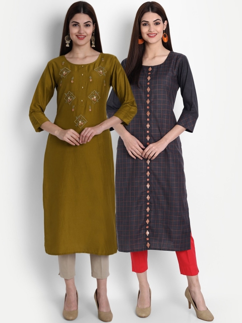 

7Threads Women Pack of 2 Green & Blue Embroidered Kurtas