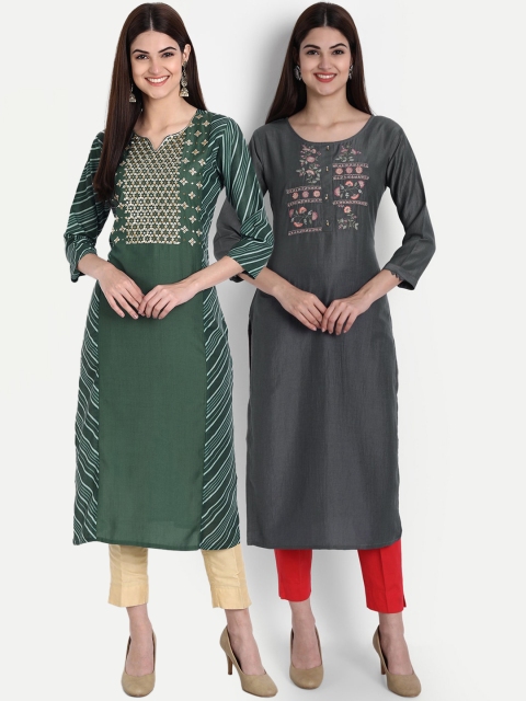 

7Threads Women Pack of 2 Yoke Design Thread Work Kurtas, Green