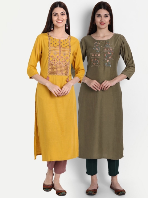 

7Threads Women Pack of 2 Yellow & Green Floral Embroidered Thread Work Kurta