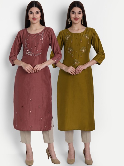

7Threads Pack of 2 Embroidered Kurta, Olive