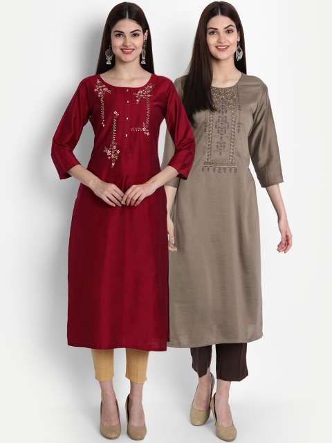 

7Threads Women Multicoloured Set of 2 Ethnic Motifs Embroidered Kurta, Multi