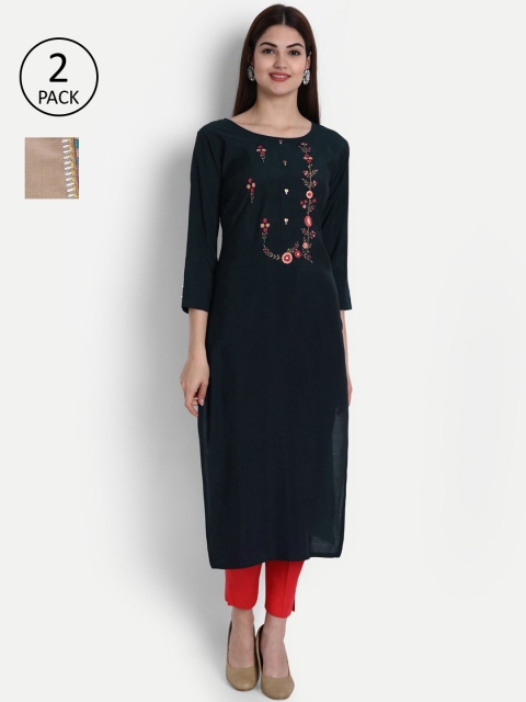 

7Threads WomenPack of 2 Floral Embroidered Straight Kurta, Navy blue