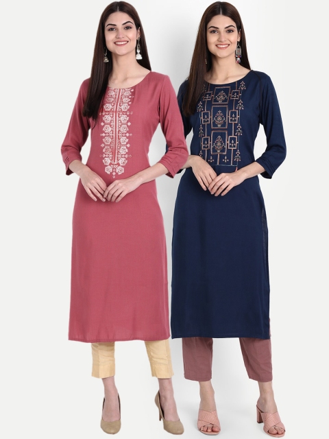 

7Threads Women Rose & Navy Blue Yoke Design Kurta Pack Of 2