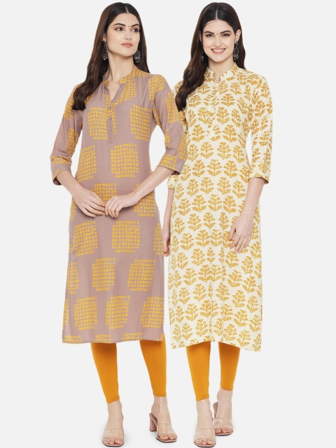 

7Threads Women Pack of 2 Yellow & White Ethnic Motifs Printed Floral Kurtas