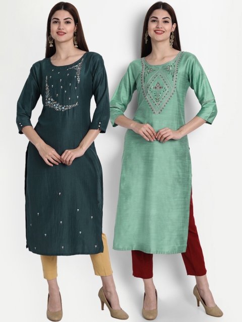 

7Threads Women Pack of 2 Green Floral Embroidered Kurta