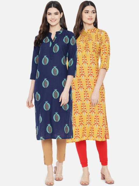 

7Threads Women Pack Of 2 Navy Blue & Yellow Ethnic Motifs Printed Floral Kurta