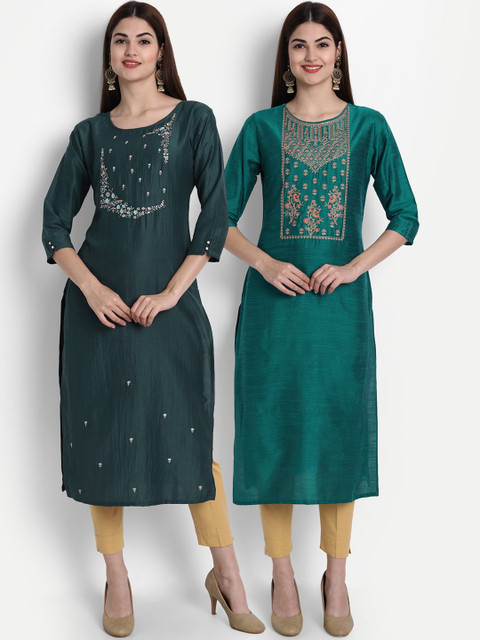 

7Threads Women Set Of 2 Green Ethnic Motifs Yoke Design Kurta