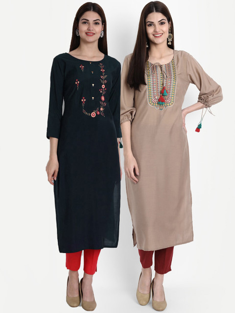 

7Threads Women Beige & Black Pack Of 2 Floral Embroidered Thread Work Kurta