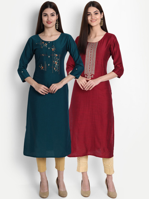 

7Threads Women Green & Maroon Ethnic Motifs Embroidered Kurta