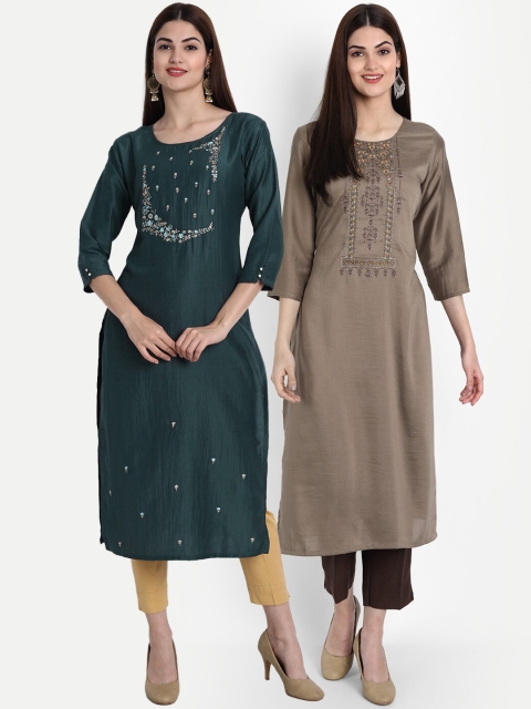 

7Threads Women Multicoloured Set of 2 Ethnic Motifs Embroidered Kurta, Multi