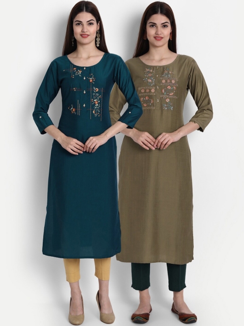 

7Threads Women Green & Olive Green Pack of 2 Thread Work Kurta