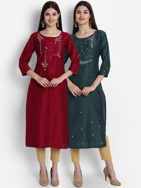 

7Threads Women Red & Teal Set Of 2 Floral Embroidered Thread Work Kurtas