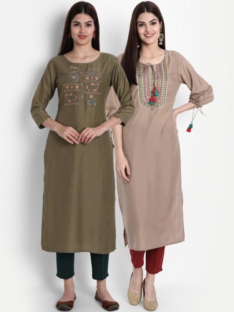 

7Threads Women Olive Green & Beige Yoke Design Thread Work Kurta Pack Of 2