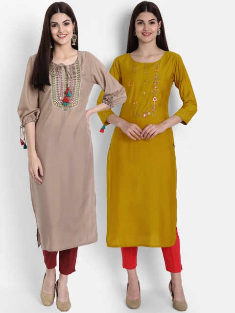 

7Threads Women Pack Of 2 Yellow & Beige Ethnic Motifs Embroidered Kurta
