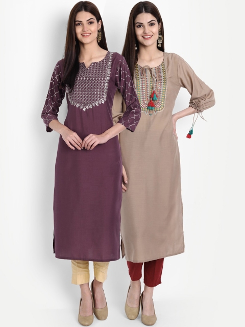 7Threads Women Multicoloured Set of 2 Yoke Design Thread Work Kurta, Multi
