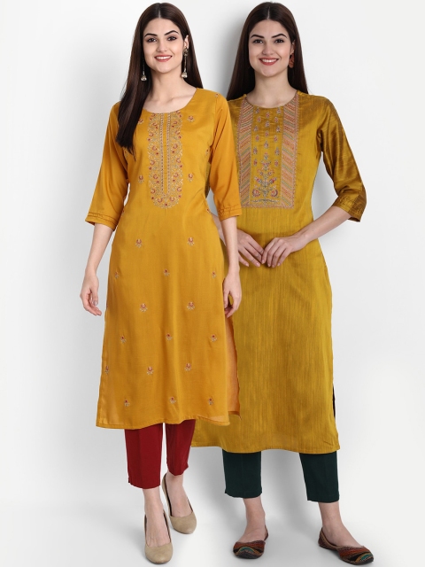 

7Threads Women Mustard Yellow & Green Ethnic Motifs Embroidered Kurta