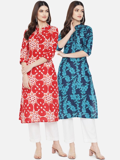 

7Threads Women Red & Blue Pack of 2 Floral Printed Floral Cotton Kurta