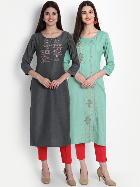 

7Threads Women Grey & Green Set Of 2 Floral Embroidered Thread Work Kurtas