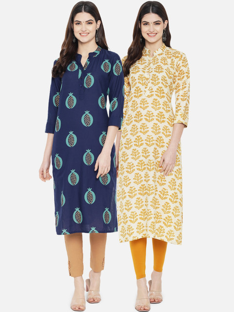 

7Threads Women Navy Blue & Cream Floral Printed Kurta