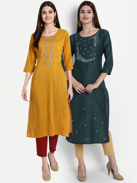 

7Threads Women Pack Of 2 Multicoloured Ethnic Motifs Embroidered Thread Work Kurta, Multi