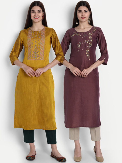 

7Threads Women Pack Of 2 Multicoloured Ethnic Motifs Thread Work Kurta, Multi