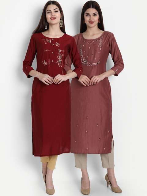

7Threads Women Set Of 2 Multicoloured Embroidered Thread Work Kurta, Red