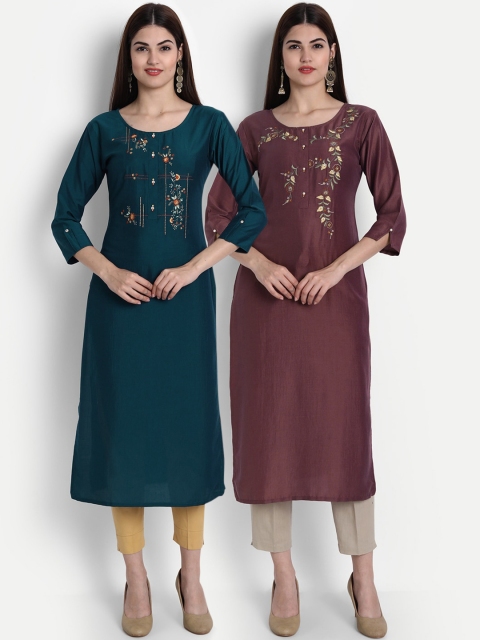 

7Threads Women Pack Of 2 Multicoloured Ethnic Motifs Thread Work Kurta, Multi