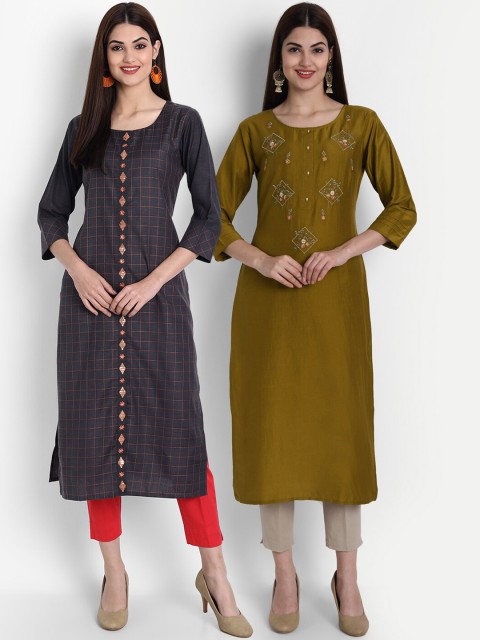 

7Threads Women Pack Of 2 Multicoloured Flared Sleeves Thread Work Kurta, Multi