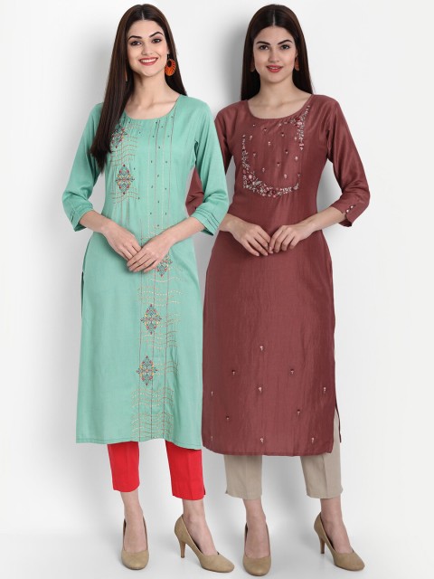 

7Threads Women Pack Of 2 Multicoloured Ethnic Motifs Embroidered Thread Work Kurta, Multi