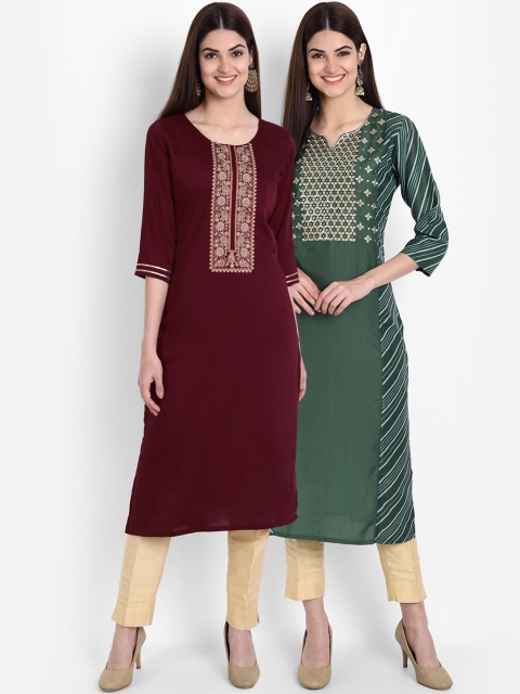 

7Threads Women Maroon & Green Ethnic Motifs Embroidered Kurta