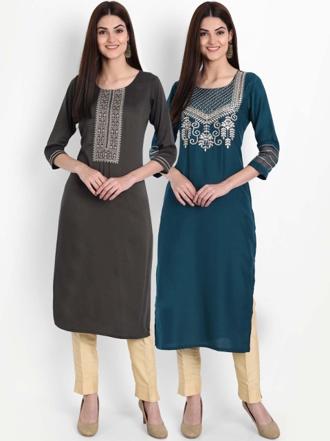 

7Threads Women Charcoal & Blue Pack of 2 Yoke Design Thread Work Kurta
